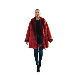 Christia‎ By Hana K Plush Cranberry Red Suede Shearling Coat Tassels Size 40 XL